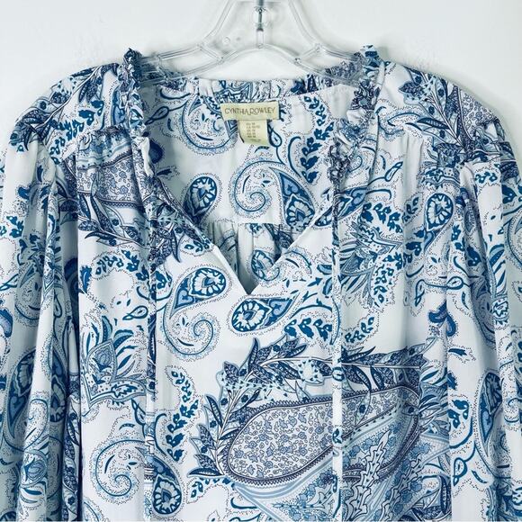 Cynthia Rowley blue white paisley lightweight semi sheer coastal preppy top 1X - Picture 2 of 7